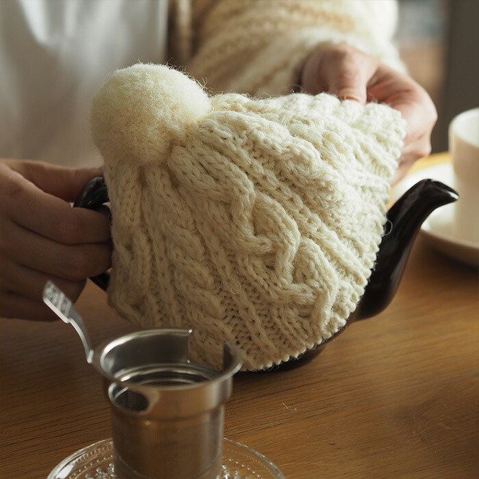 サンク　ハイランド2000　ケーブル編みティーコージー　2カップ用　アイボリー　/　CINQ　※