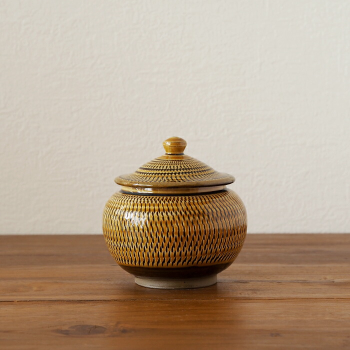 【3月3日12:30再販】★小鹿田焼　小袋窯　2合壺　飴釉飛びかんな