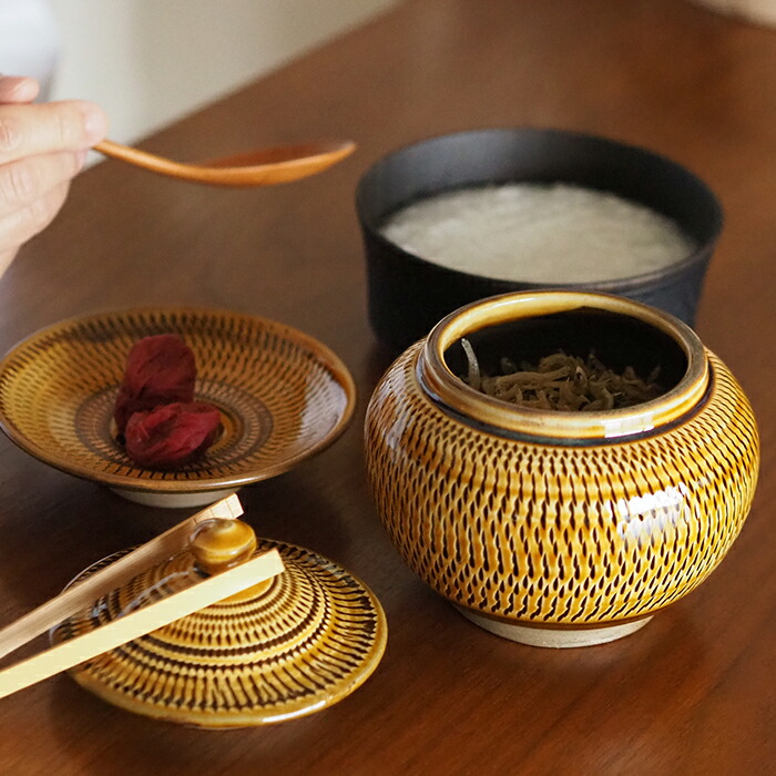 【3月3日12:30再販】★小鹿田焼　小袋窯　2合壺　飴釉飛びかんな