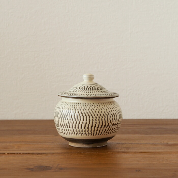 小鹿田焼　小袋窯　2合壺　飛びかんな