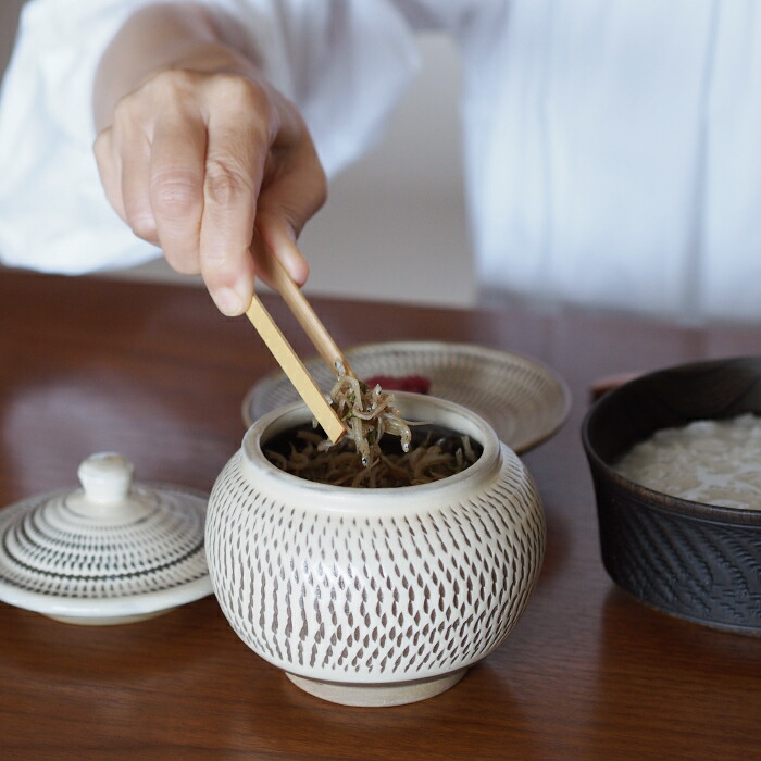 小鹿田焼　小袋窯　2合壺　飛びかんな