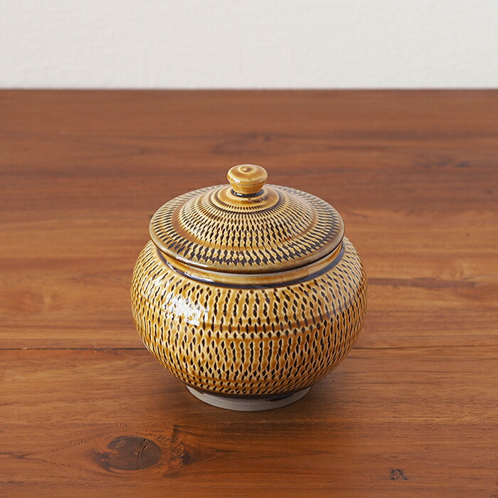 小鹿田焼　小袋窯　3合壺　飴釉飛びかんな