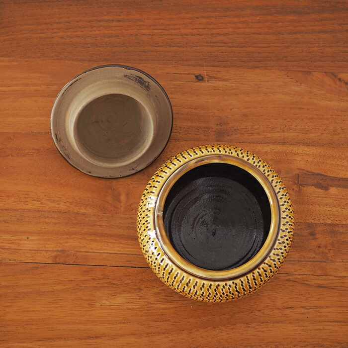 小鹿田焼　小袋窯　3合壺　飴釉飛びかんな