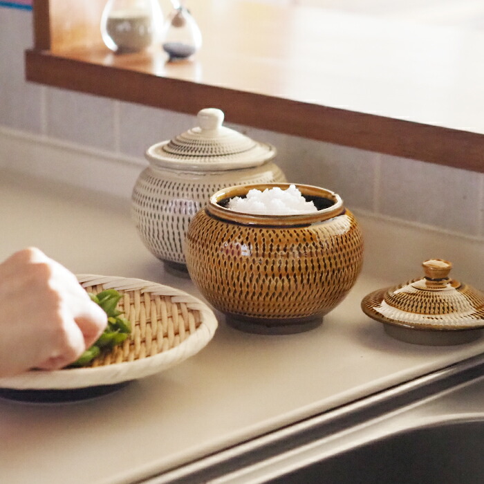 小鹿田焼　小袋窯　3合壺　飴釉飛びかんな