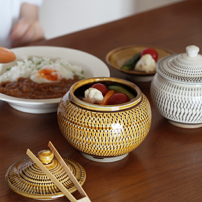 小鹿田焼　小袋窯　3合壺　飴釉飛びかんな