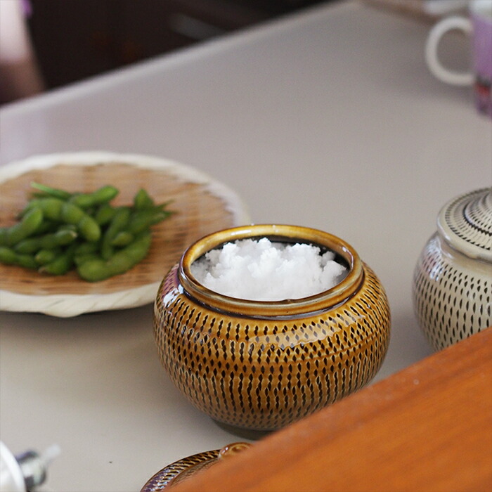 小鹿田焼　小袋窯　3合壺　飴釉飛びかんな