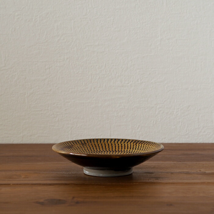 小鹿田焼　小袋窯　5寸皿　飴釉飛びかんな