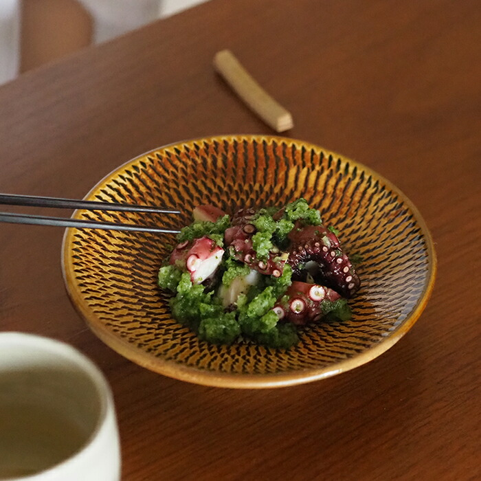 小鹿田焼　小袋窯　5寸皿　飴釉飛びかんな