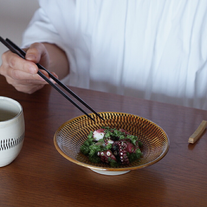 小鹿田焼　小袋窯　5寸皿　飴釉飛びかんな