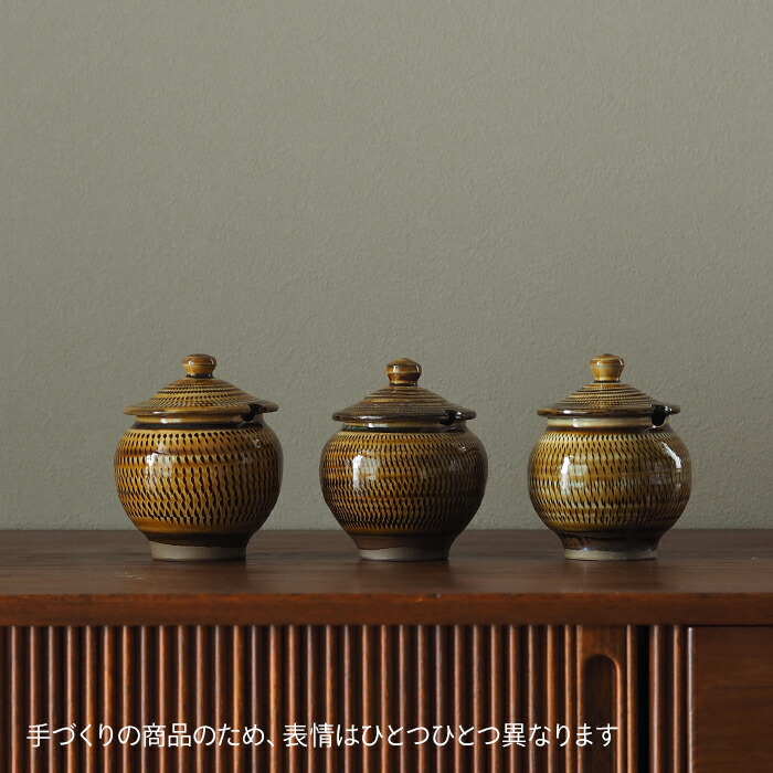 小袋窯　1合薬味壺　飴釉飛びかんな